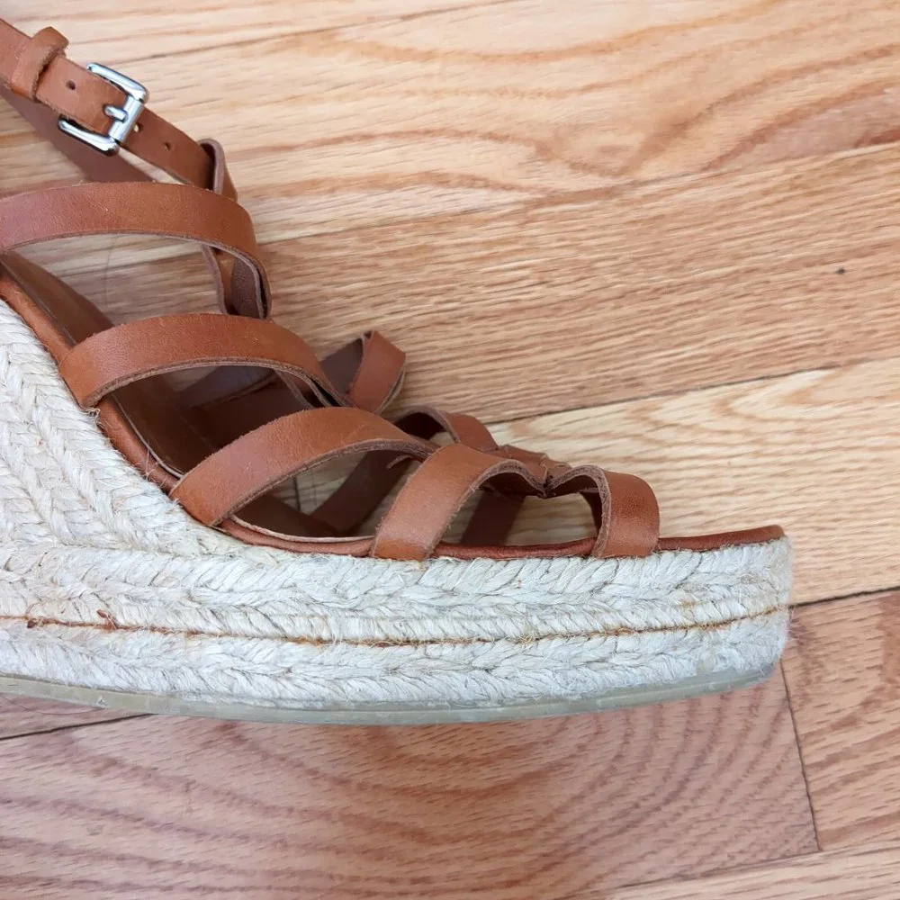 [SOLD] Coach Cognac Brown Leather Caged T-Strap Espadrille Wedge Strappy Sandals - Picture 14 of 16